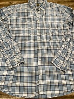 L.L.Bean Slightly Fitted Mens Large Tall Blue Plaid Button Down Shirt L Stretch